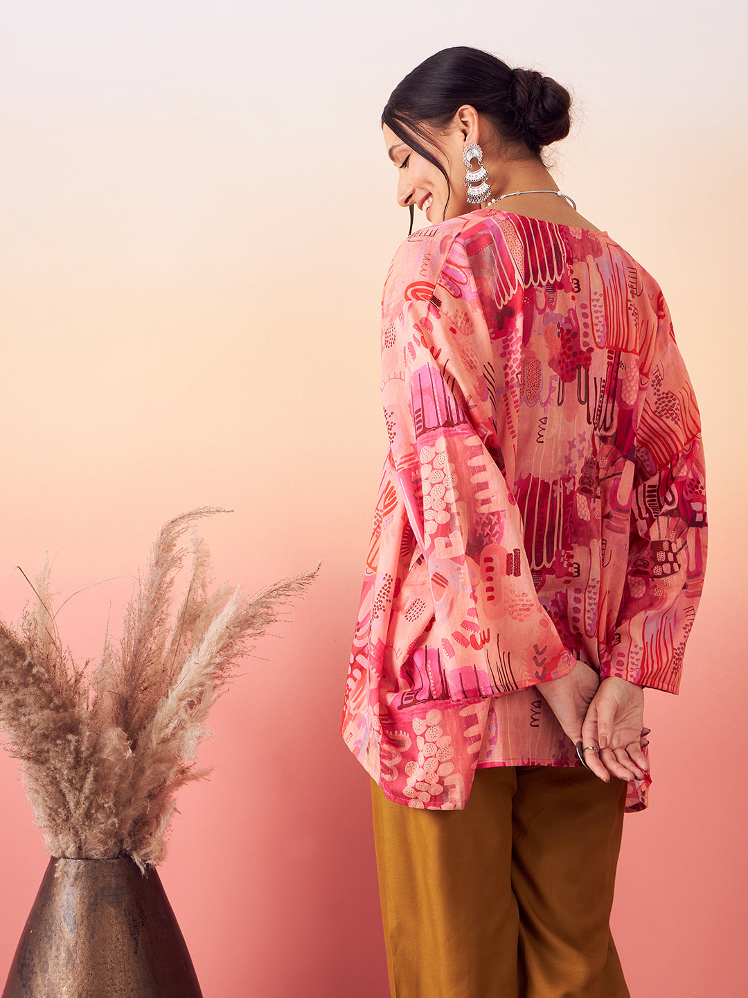 Peach Red Digital Print Kaftan Boho Top