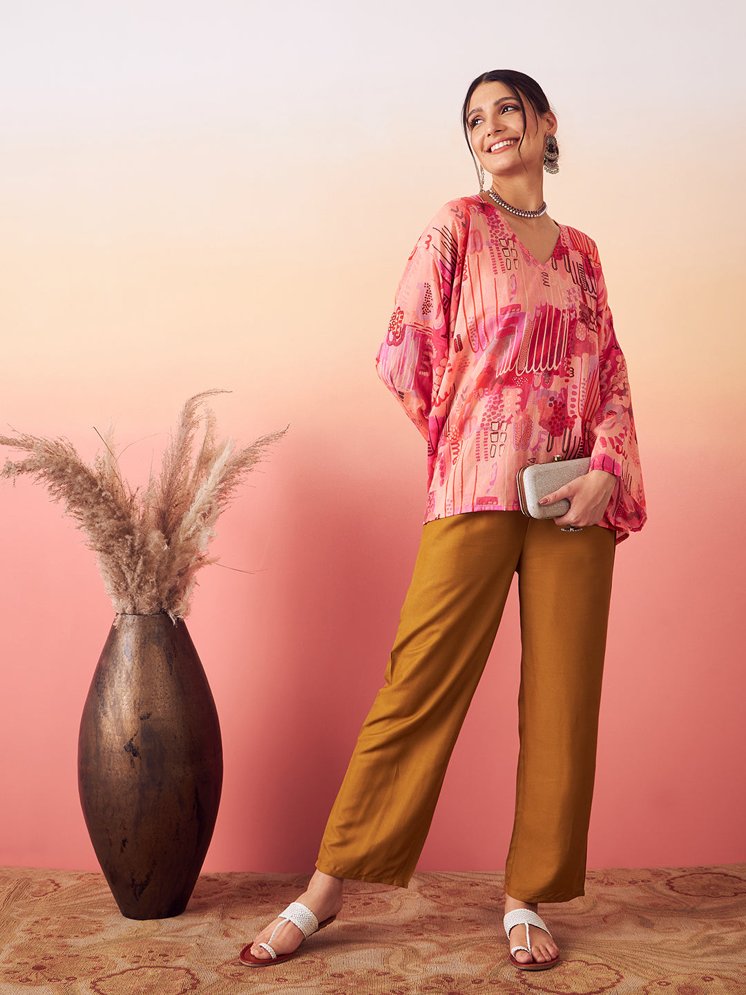 Peach Red Digital Print Kaftan Boho Top