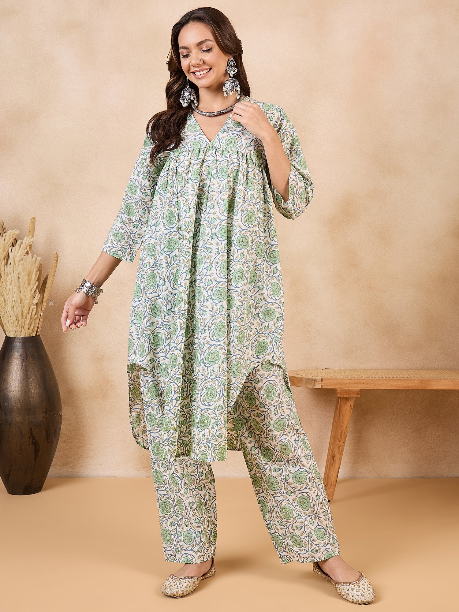 Pear Green Rose Blue Jaal V Neck Flared Kurta Set