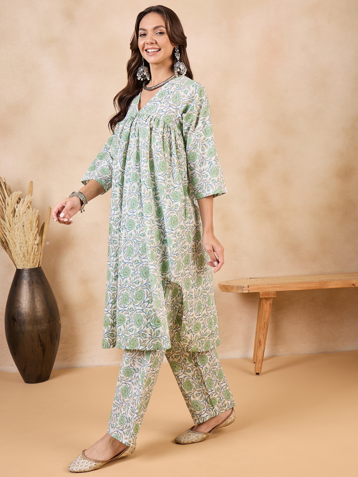 Pear Green Rose Blue Jaal V Neck Flared Kurta Set