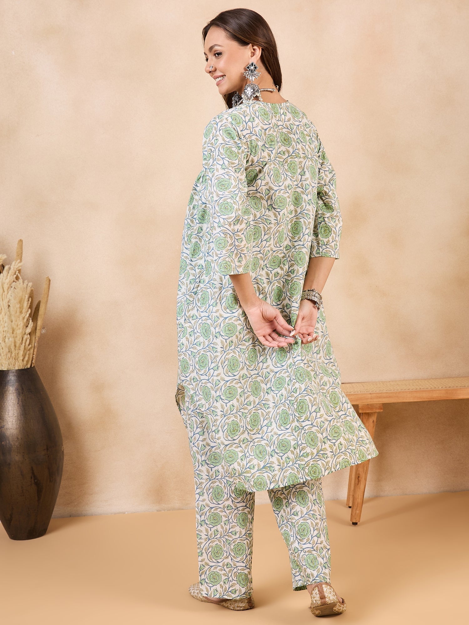 Pear Green Rose Blue Jaal V Neck Flared Kurta Set