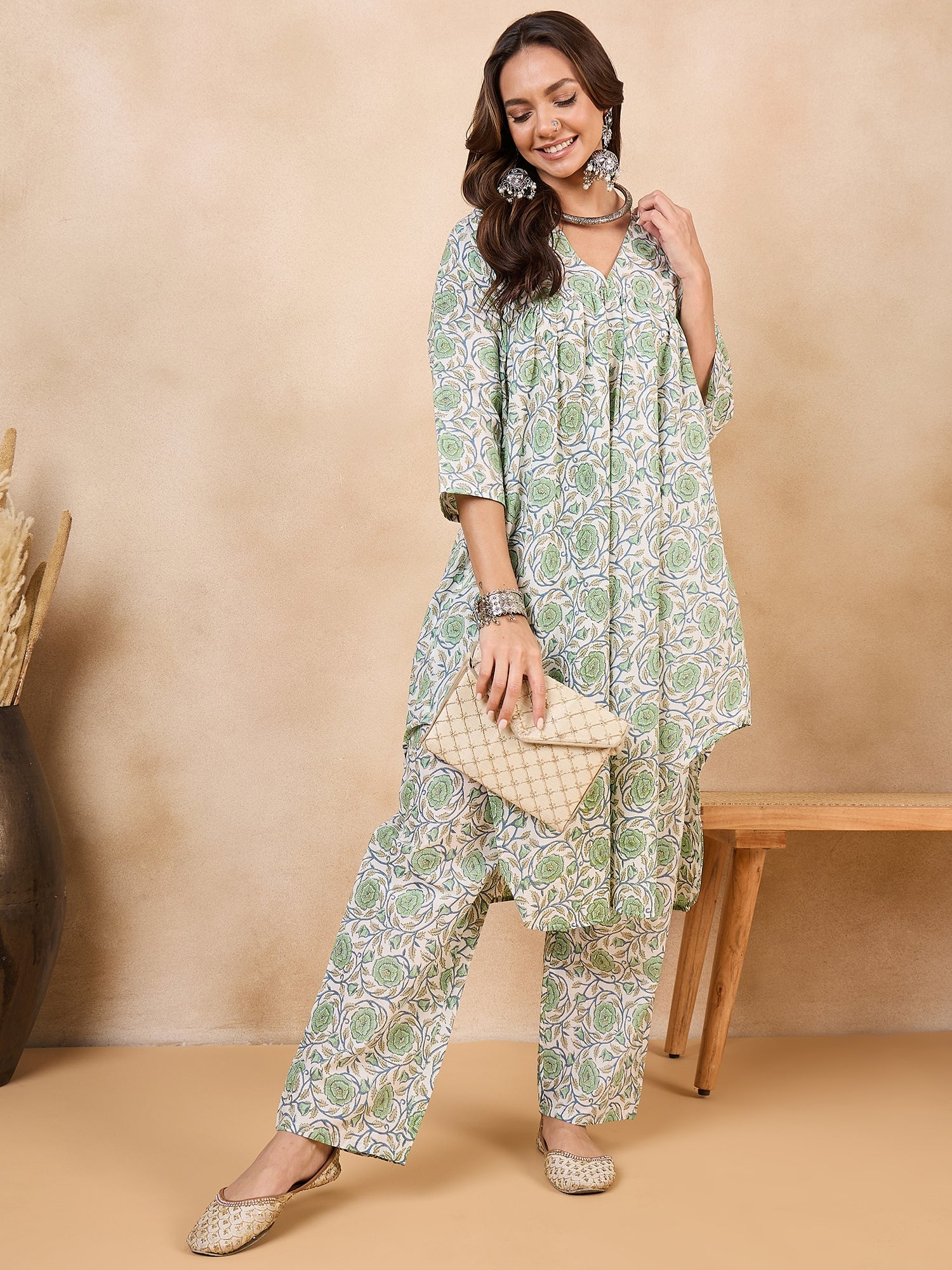 Pear Green Rose Blue Jaal V Neck Flared Kurta Set