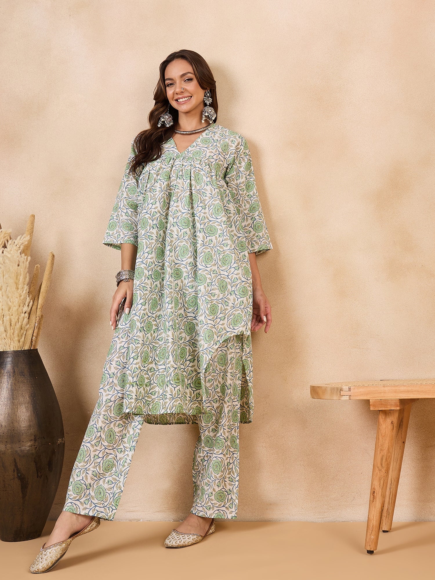 Pear Green Rose Blue Jaal V Neck Flared Kurta Set