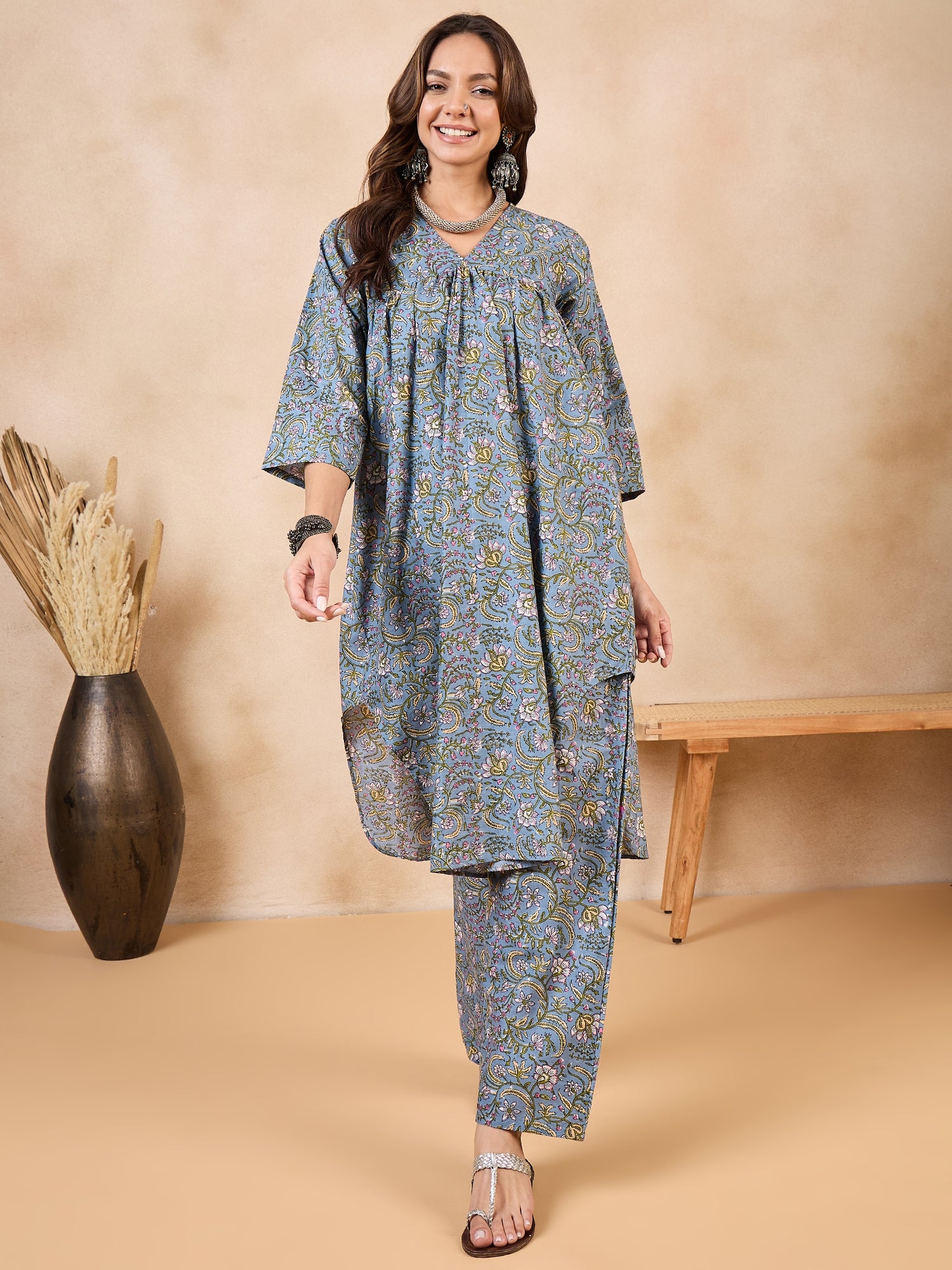 Slate Grey Jaal Kalamkari V Neck Flared Kurta Set