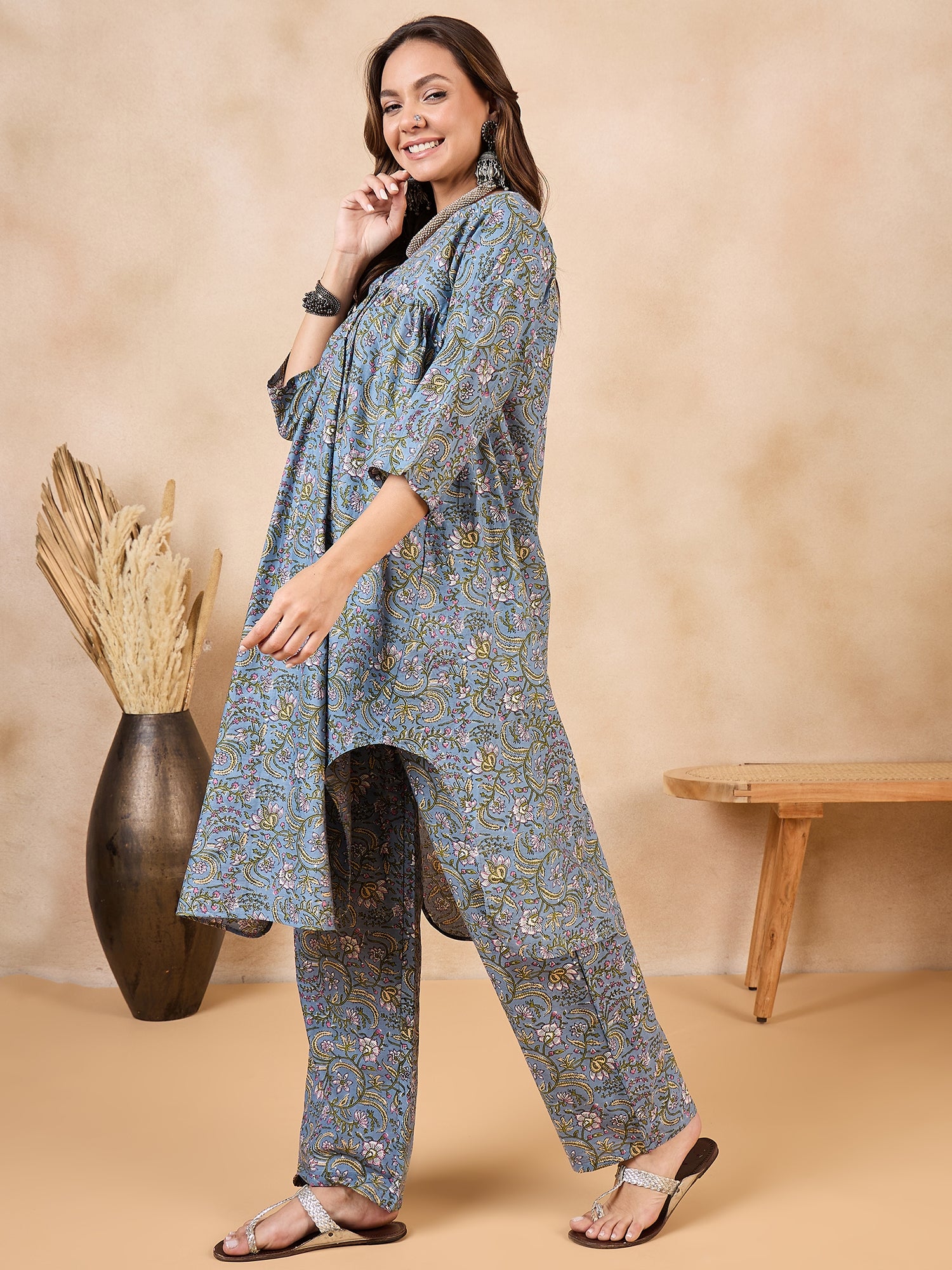 Slate Grey Jaal Kalamkari V Neck Flared Kurta Set