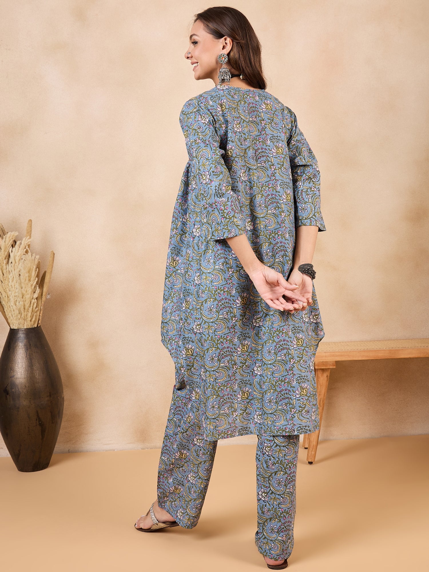 Slate Grey Jaal Kalamkari V Neck Flared Kurta Set