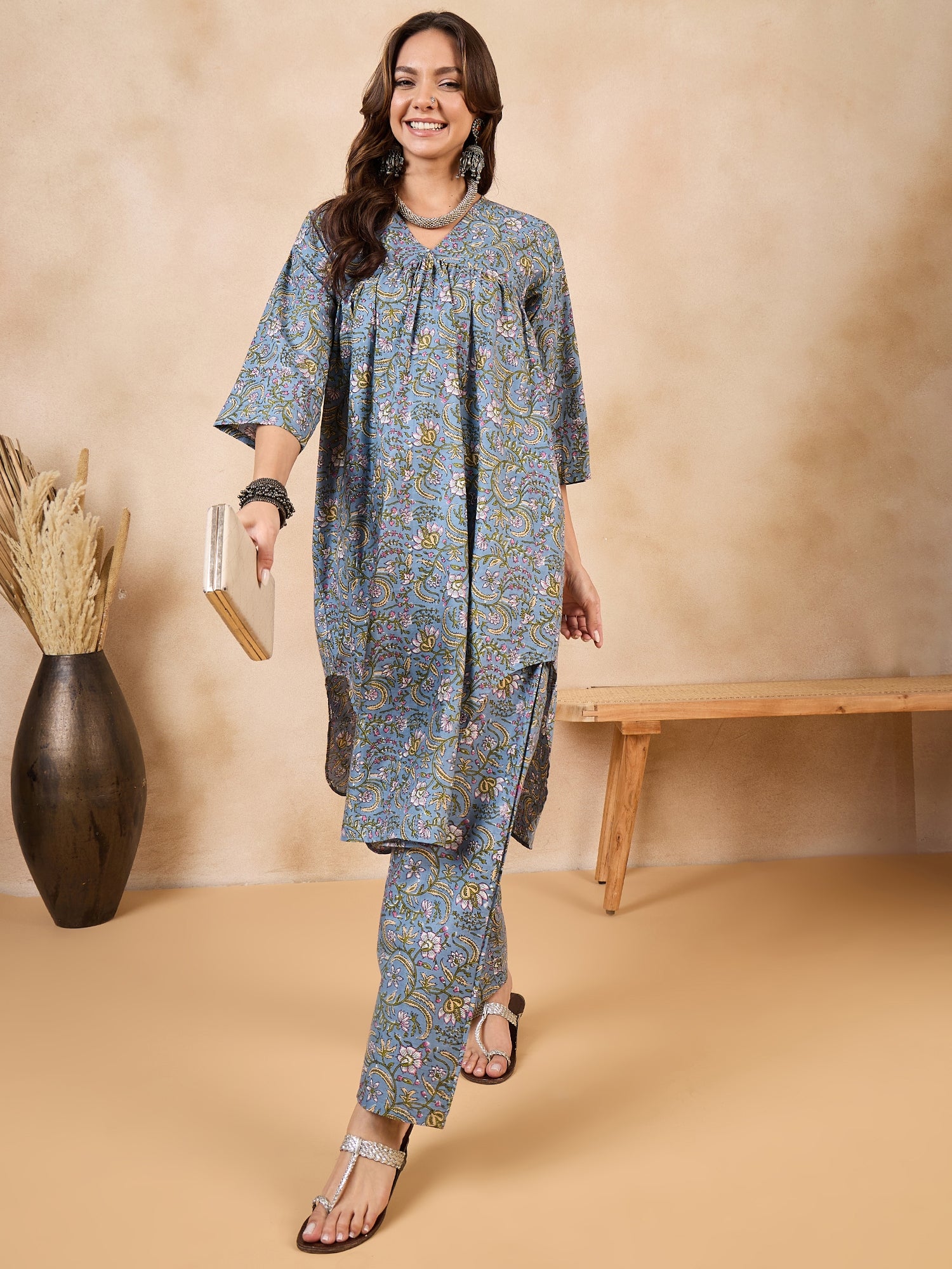 Slate Grey Jaal Kalamkari V Neck Flared Kurta Set