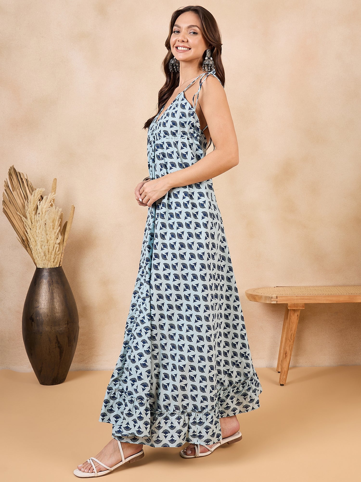 Indigo White Print Back Detail Long Dress