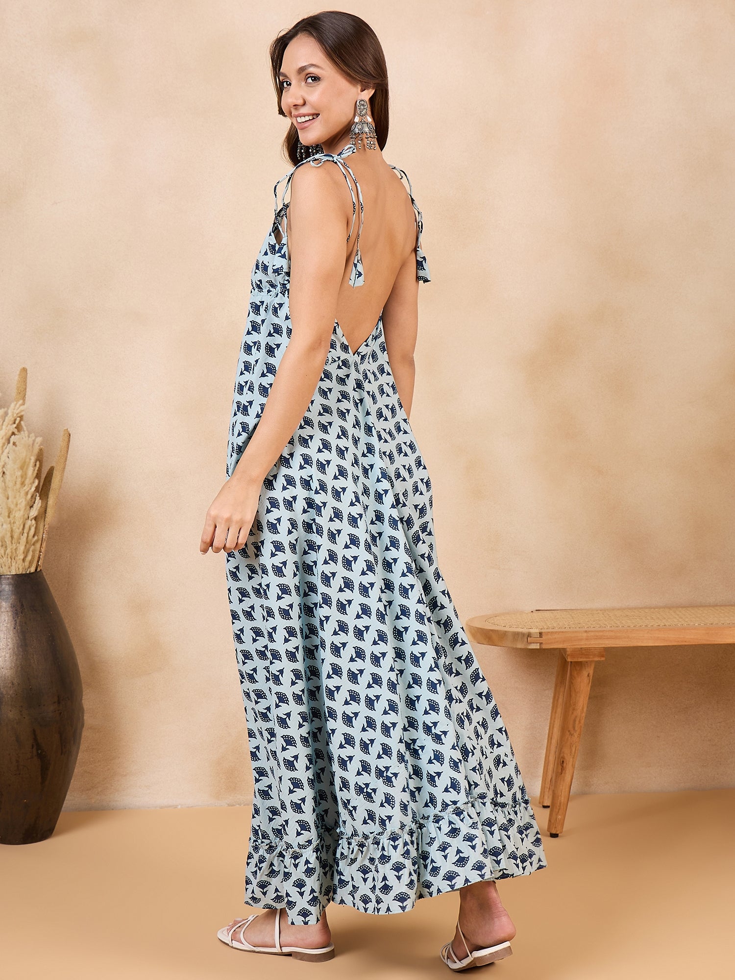 Indigo White Print Back Detail Long Dress