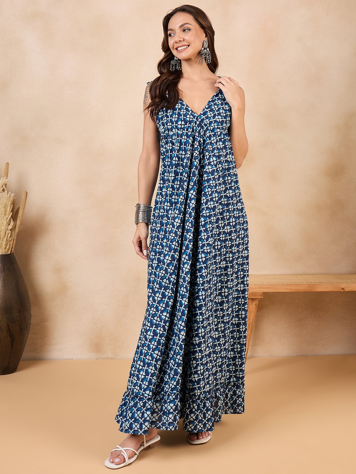 Indigo White Motif Print Back Detail Long Dress