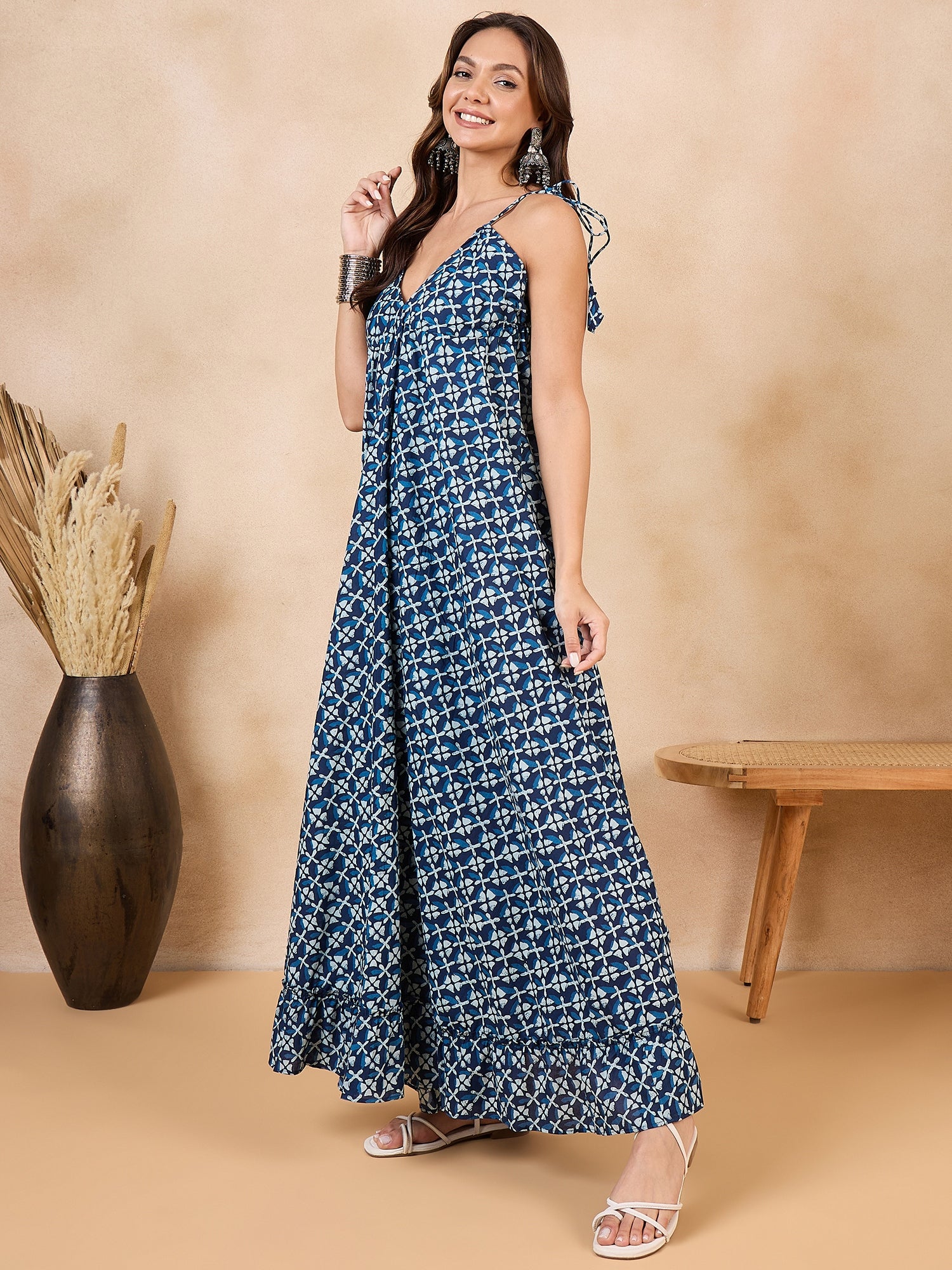 Indigo White Motif Print Back Detail Long Dress