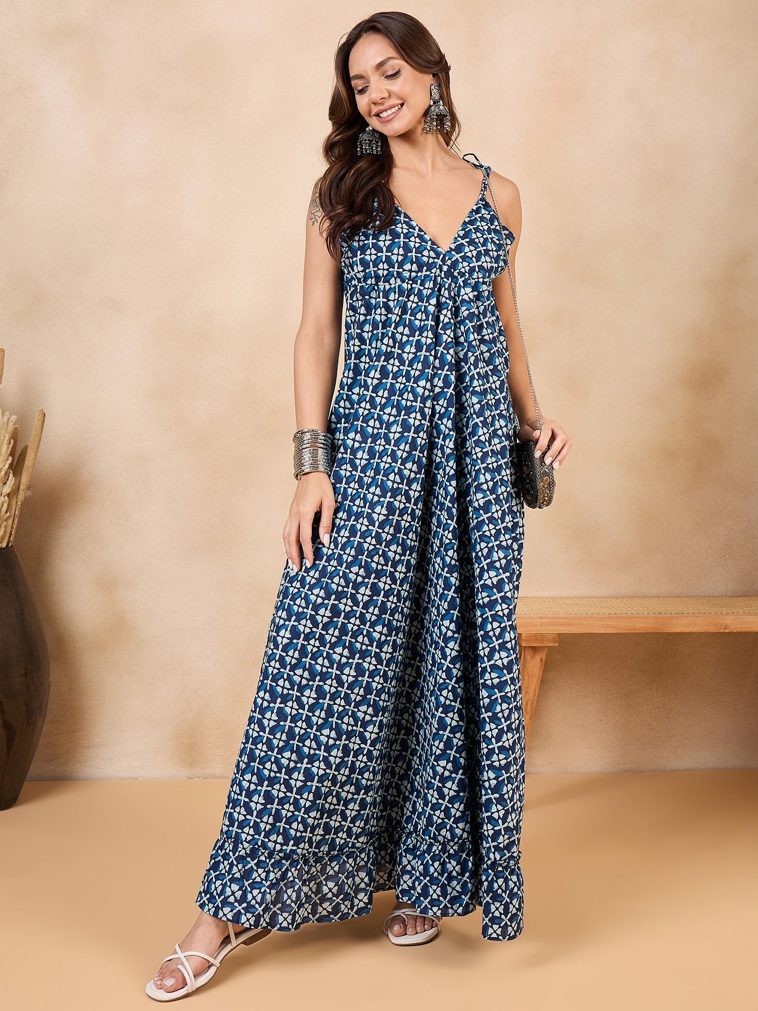 Indigo White Motif Print Back Detail Long Dress