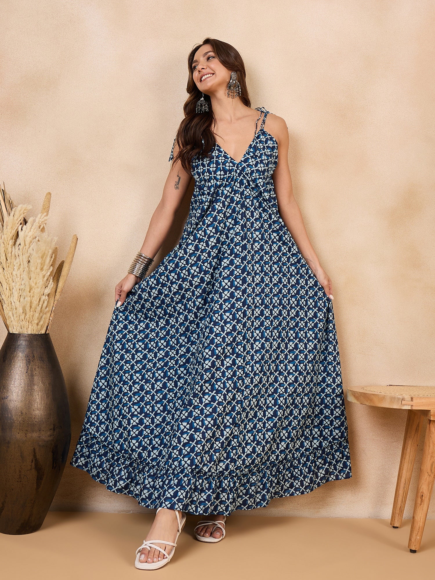 Indigo White Motif Print Back Detail Long Dress