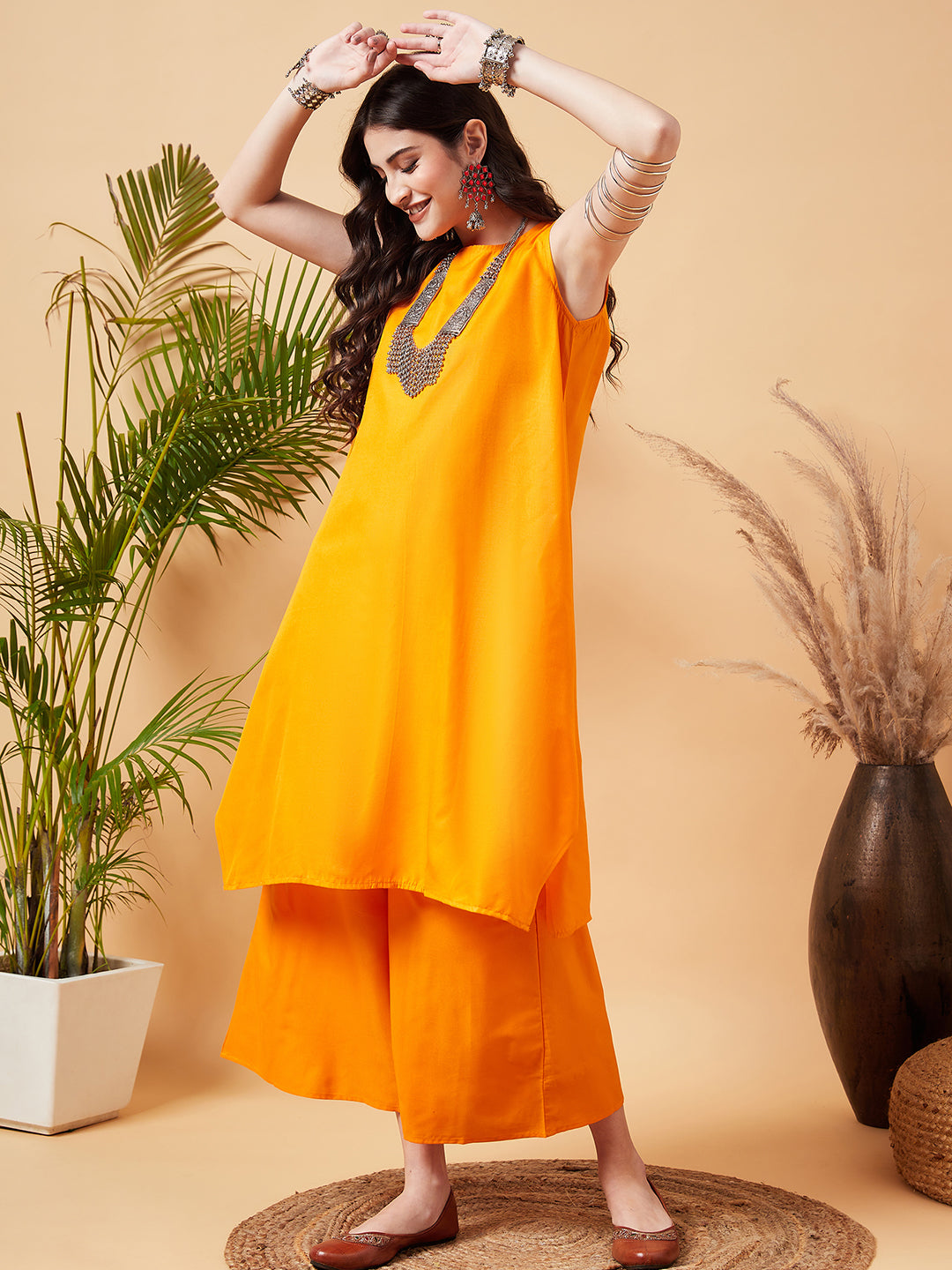 Tangy Orange Short Kurta Palazzo Set