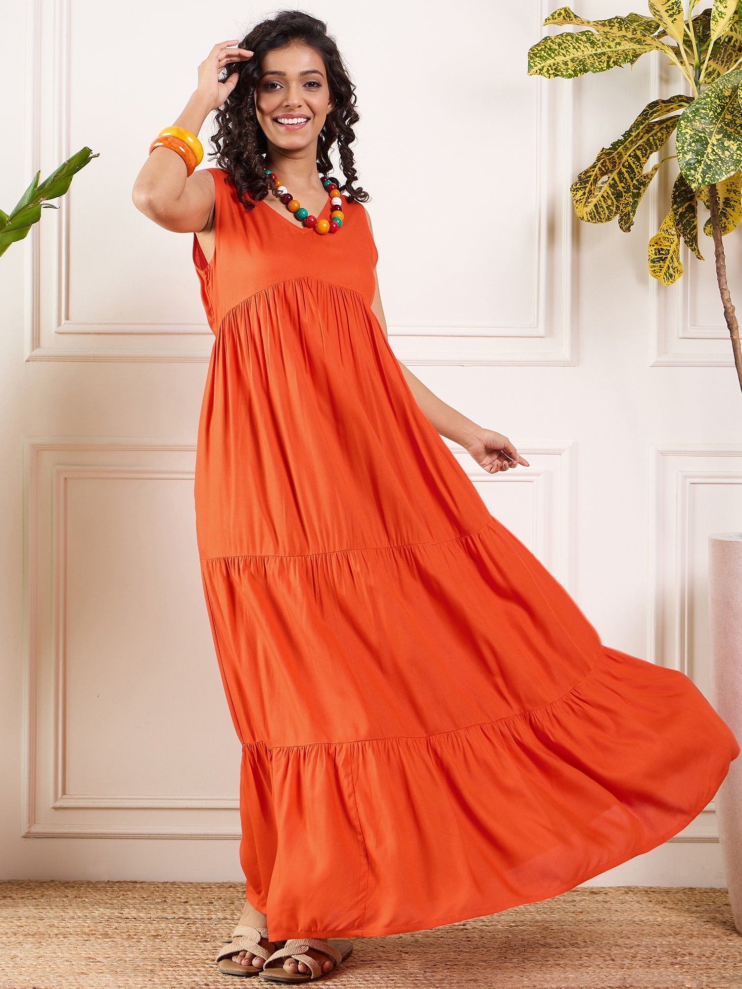 Orange V Neck Sleeveless Long Tiered Dress