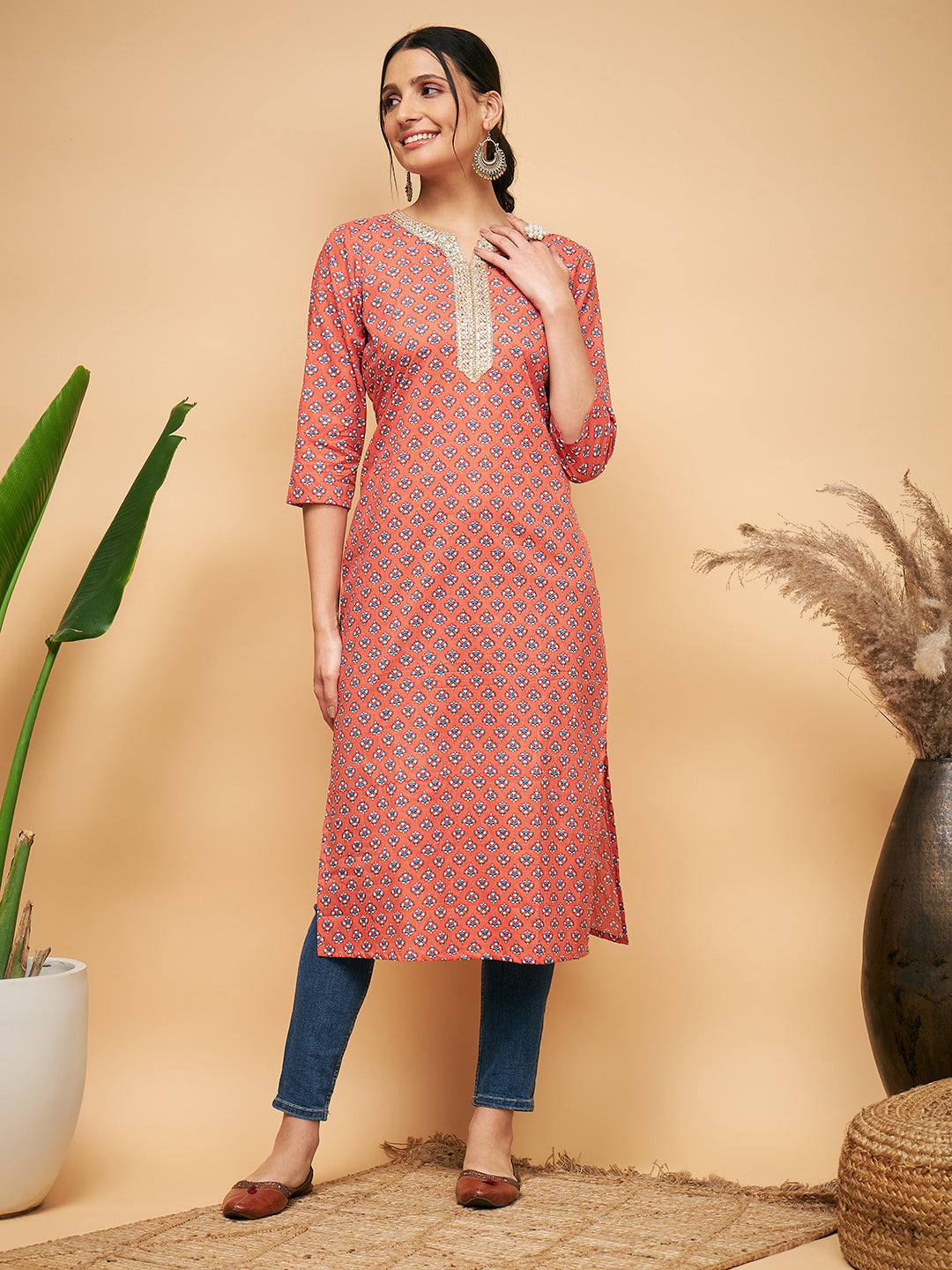 CORAL BLUE BOOTA PRINT GOTA STRAIGHT KURTA