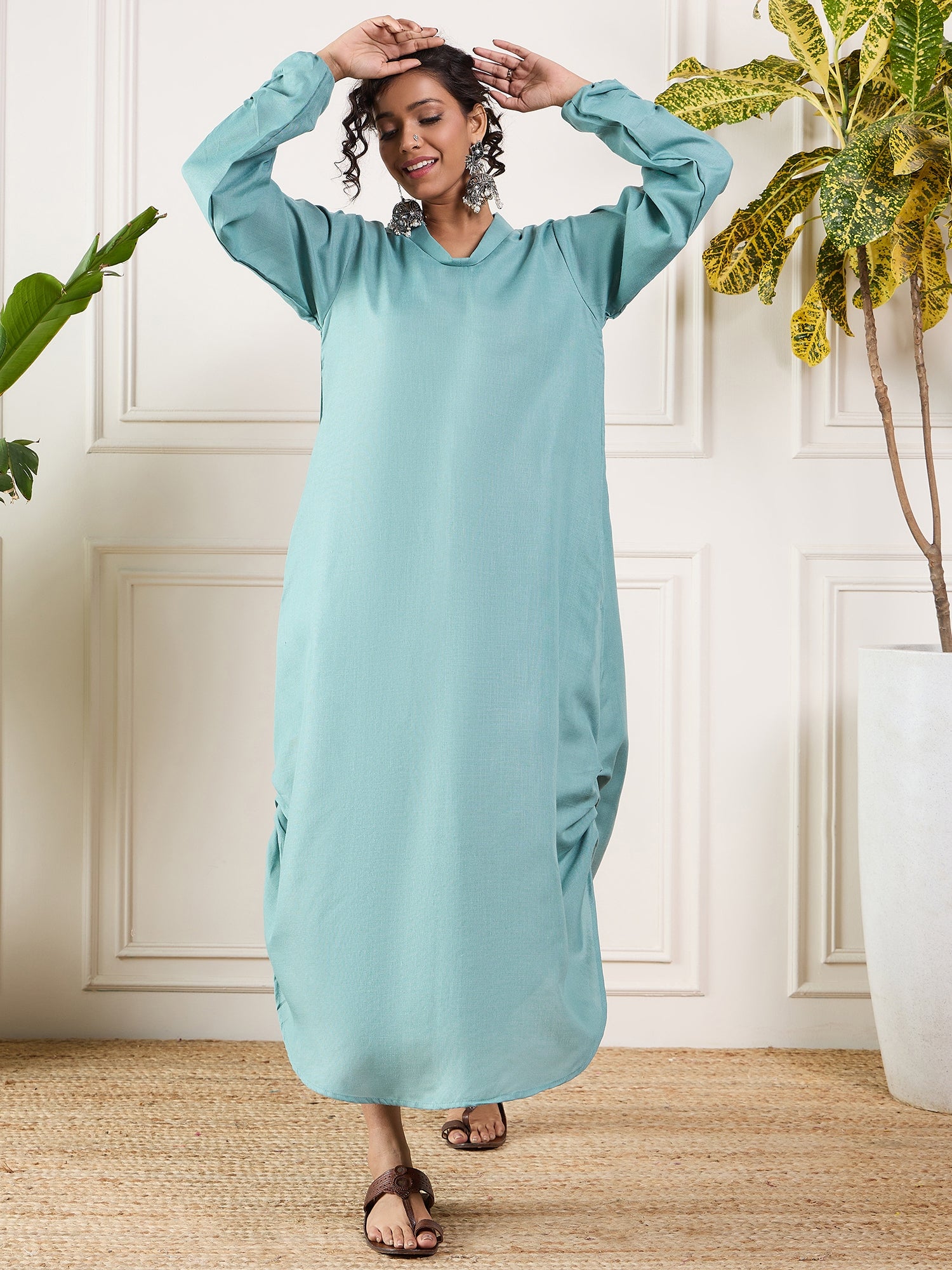 Dusty Teal Shawl Neck Long Side Pleat Dress