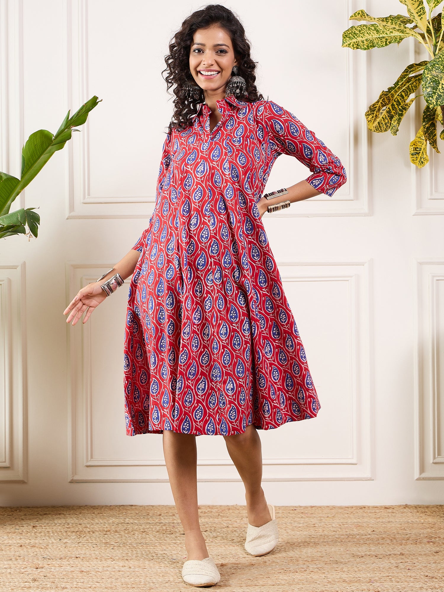 Red Blue Ajrak Leaves Collar Flared Dress