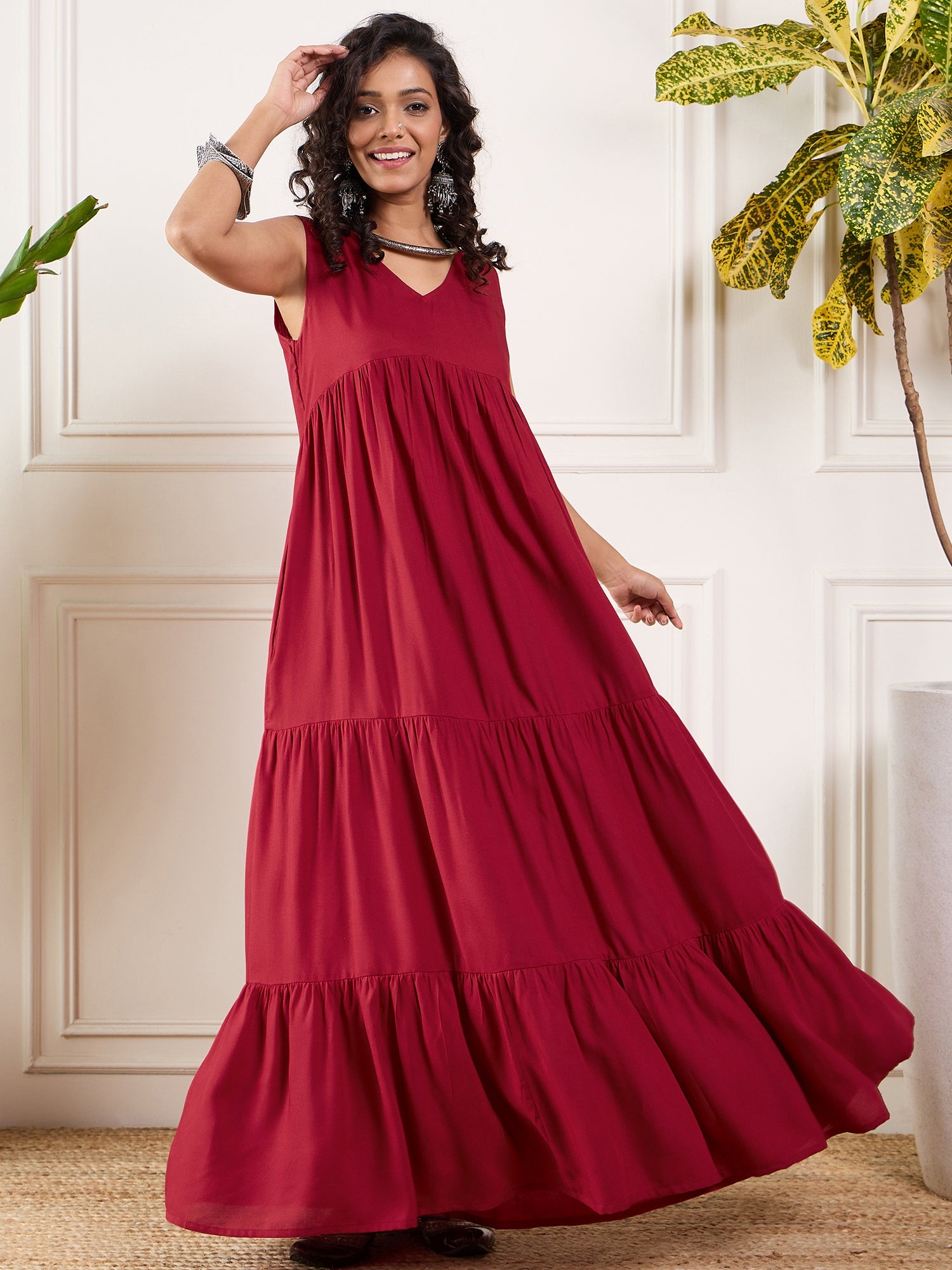 Maroon V Neck Sleeveless Long Tiered Dress