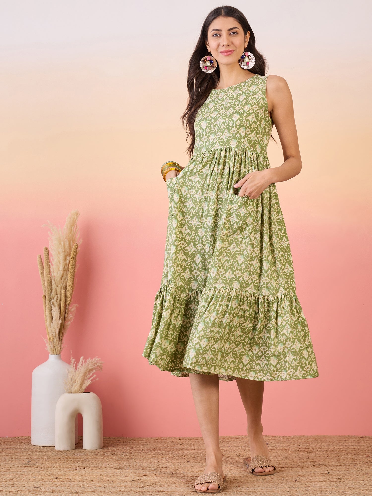 Apple Green Ikkat Print Foil Front Pocket Dress