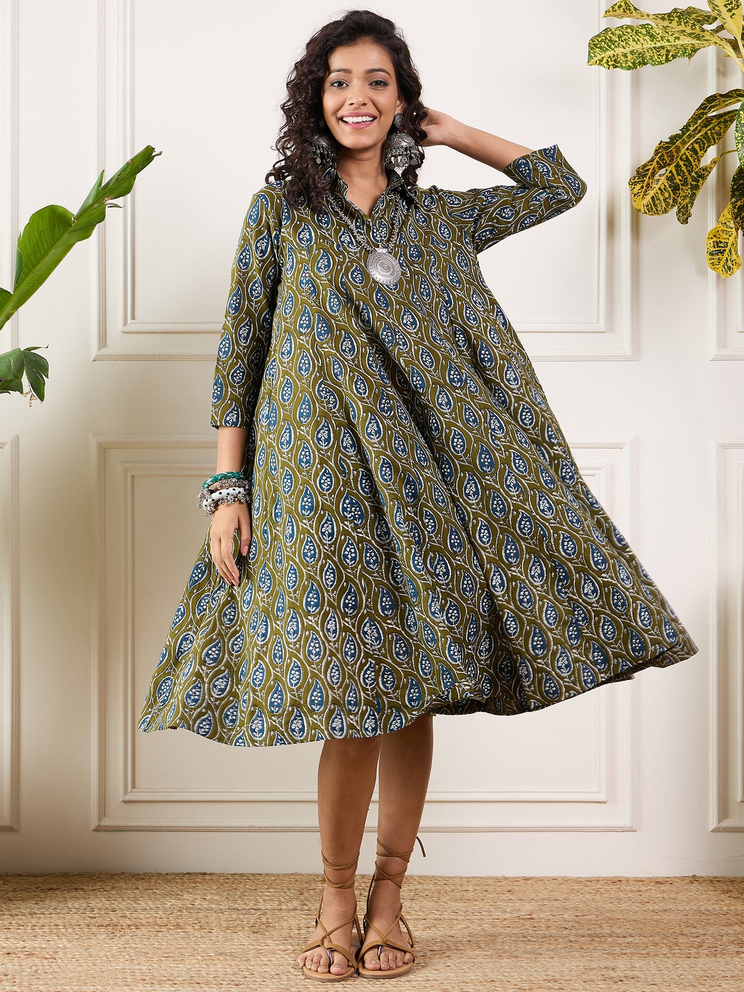 Olive Indigo Ajrak Leaves Collar Flared Dress