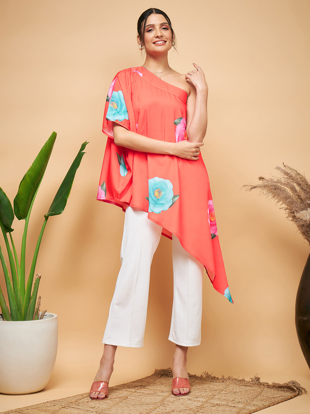 Dark Orange Pink Blue Flower One Shoulder Kurta