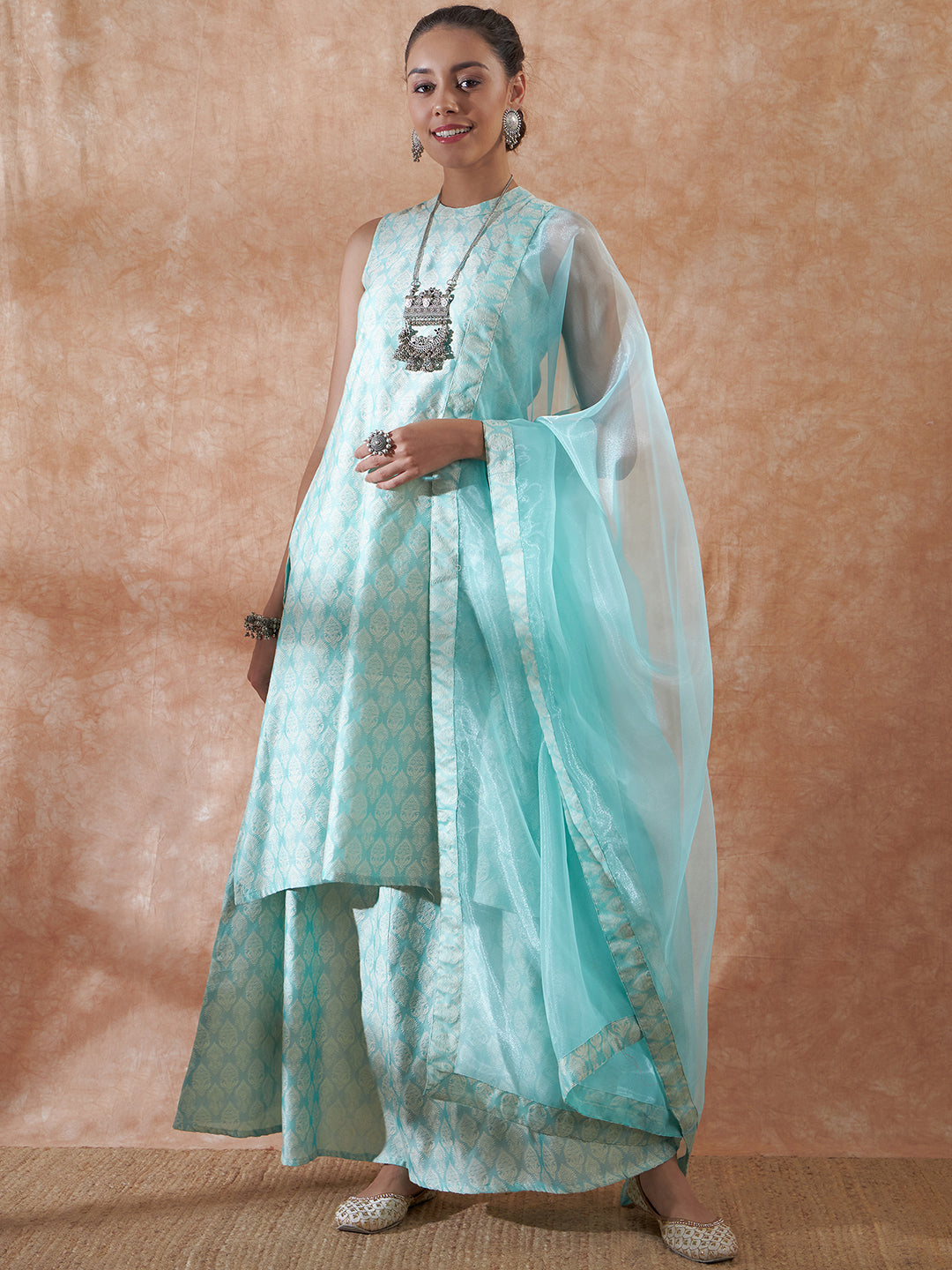 Powder Blue Jacquard Halter Kurta Set W Powder Blue Or Dupatta