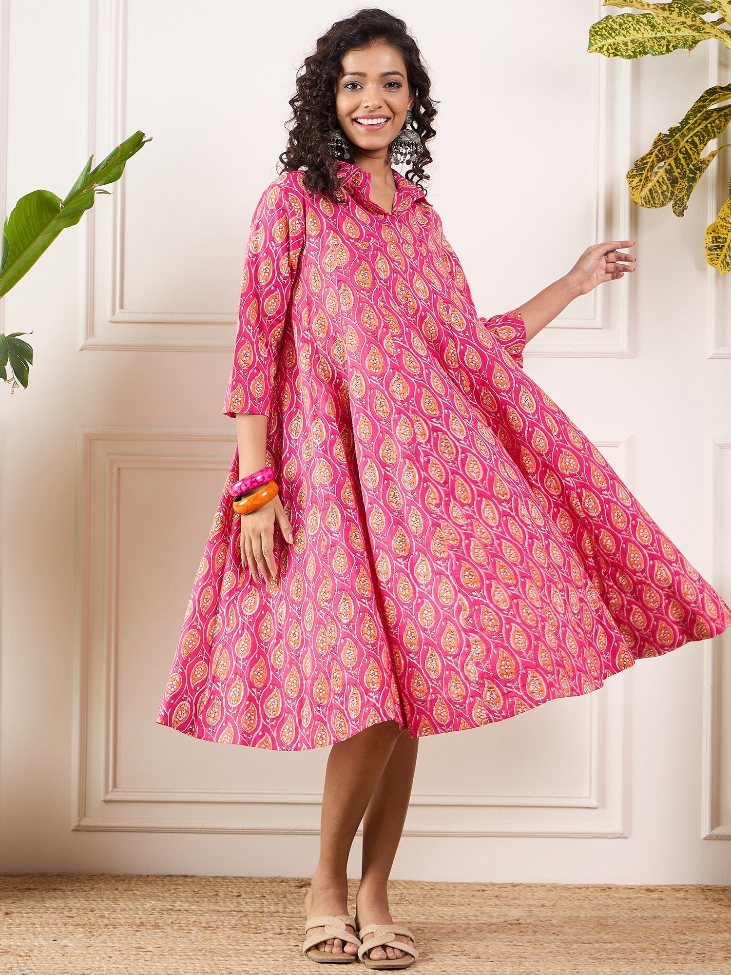 Fuchsia Orange Ajrak Leaves Collar Flared Dress