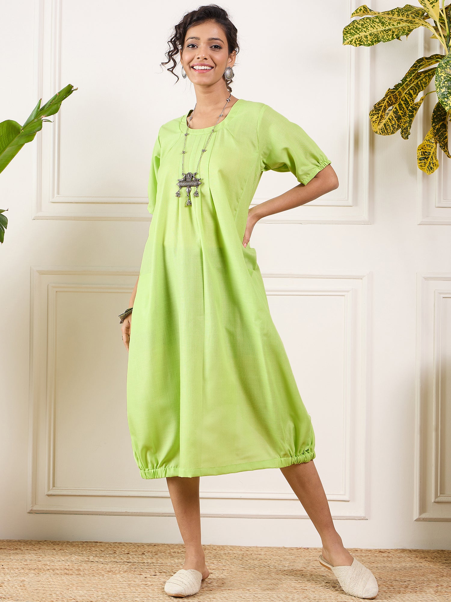 Neon Green Round Neck Short Balloon Dress