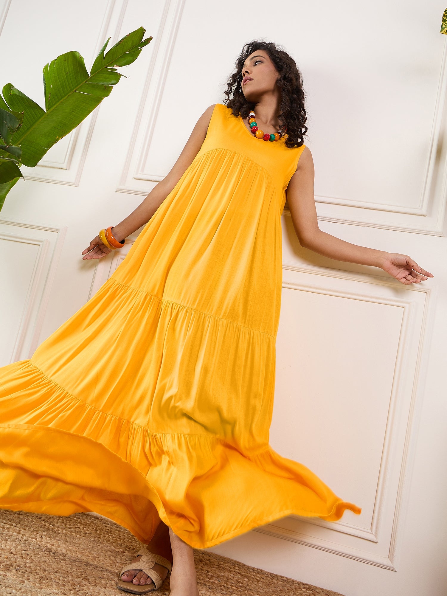 Yellow V Neck Sleeveless Long Tiered Dress