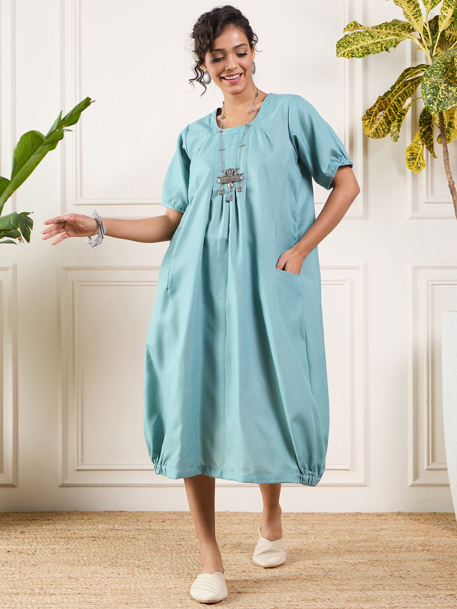 Dusty Teal Round Neck Short Balloon Dress