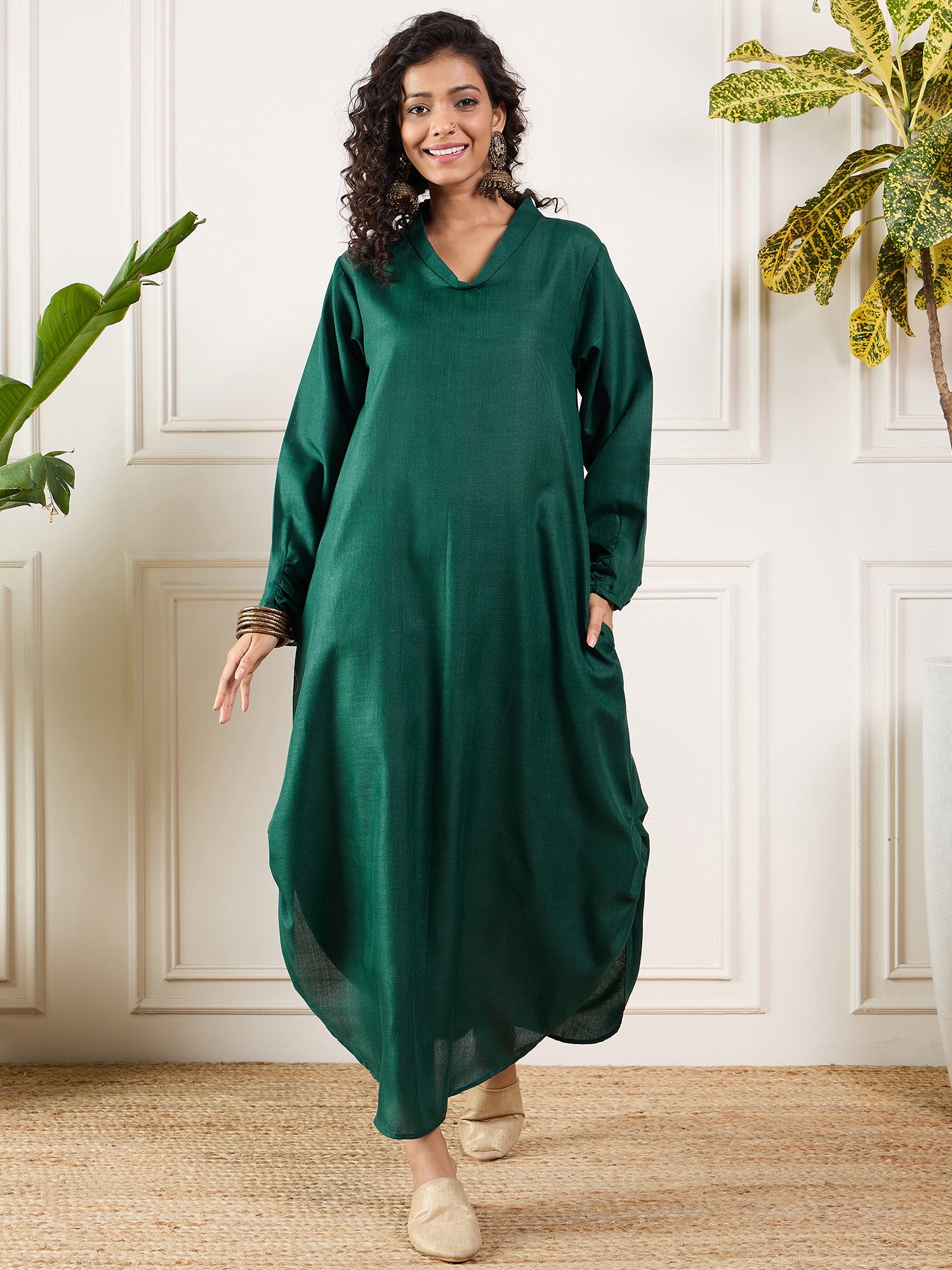 Dark Green Shawl Neck Pleat Dress