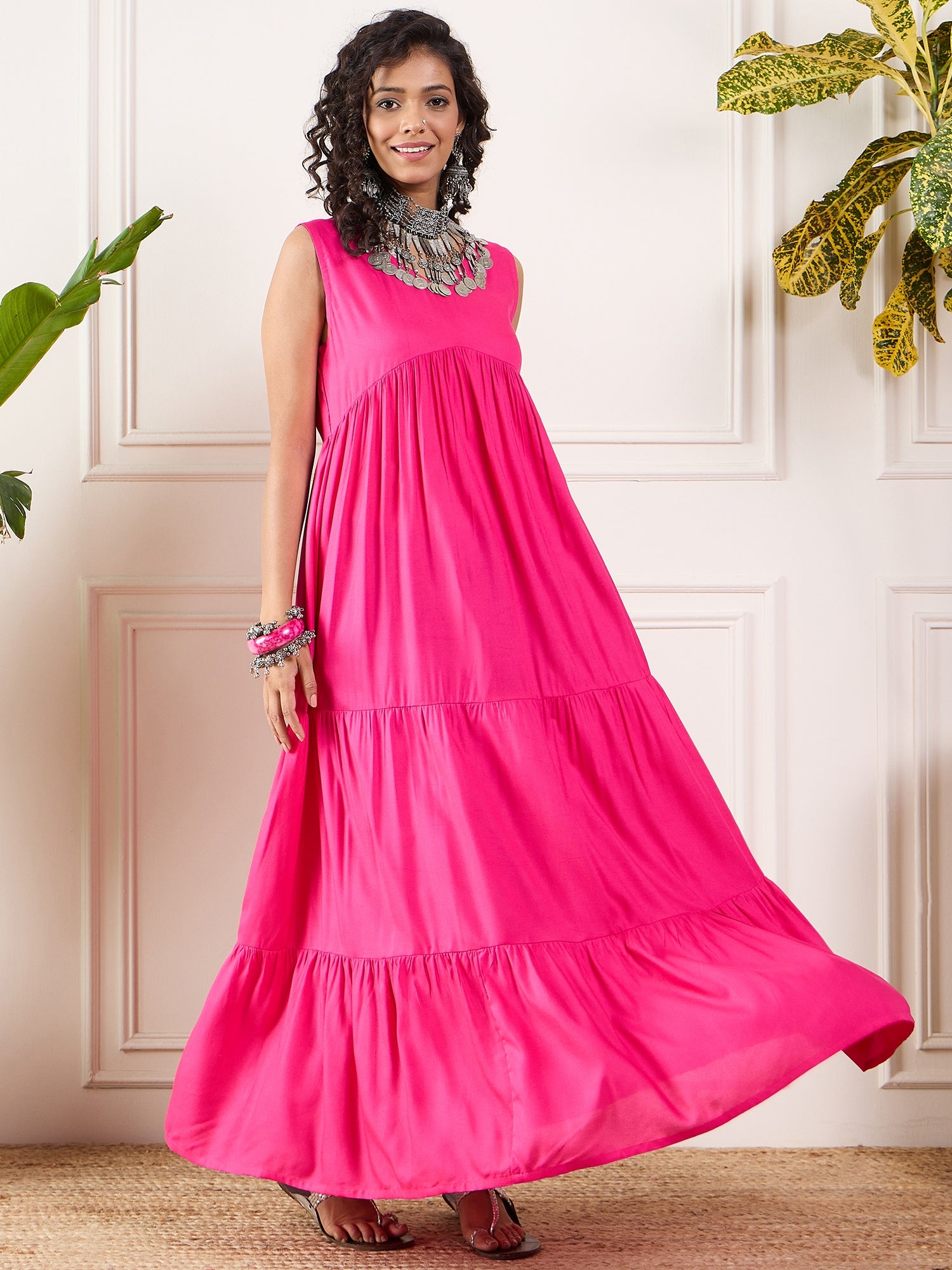 Pink V Neck Sleeveless Long Tiered Dress