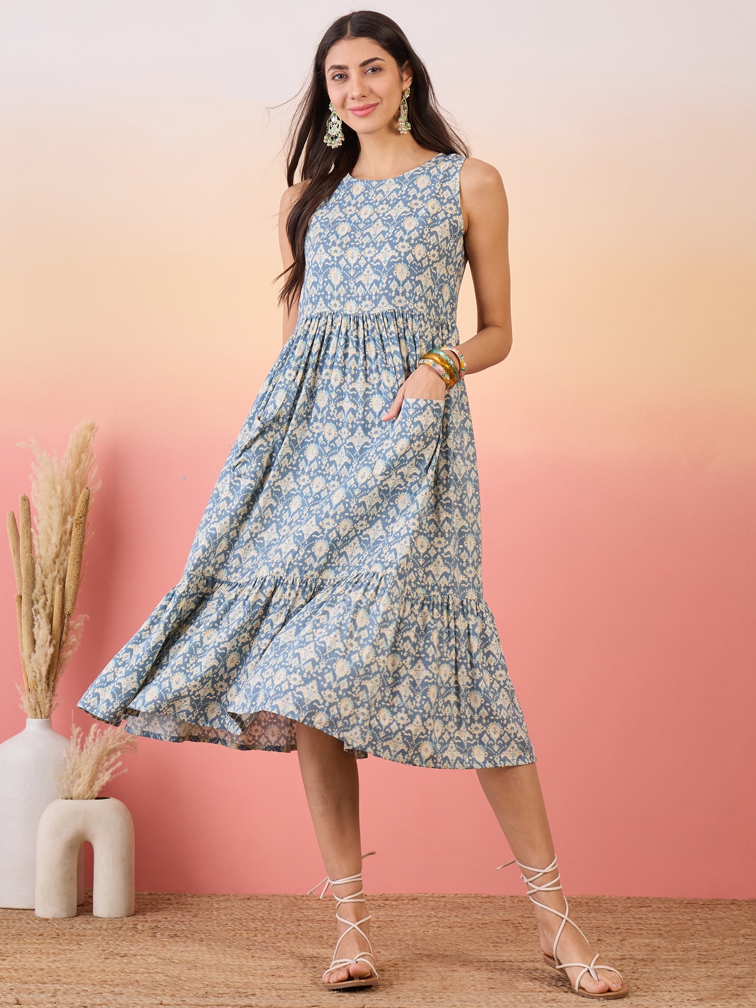 Powder Blue Ikkat Print Foil Front Pocket Dress