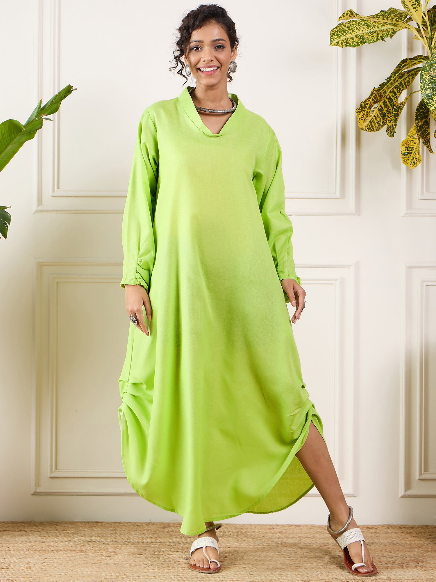 Neon Green Shawl Neck Long Side Pleat Dress