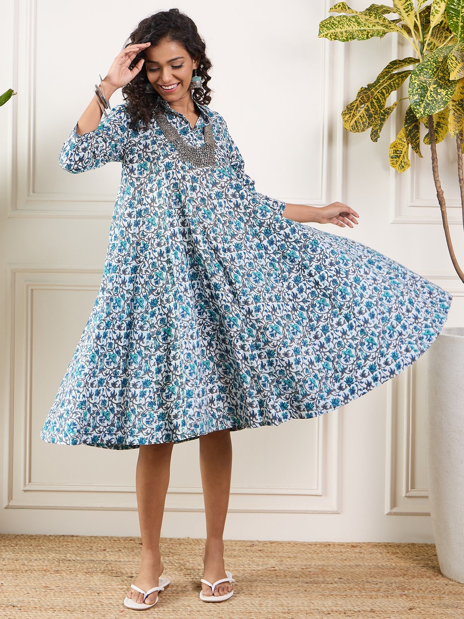 Aqua Blue Floral Grey Jaal Collar Flared Dress