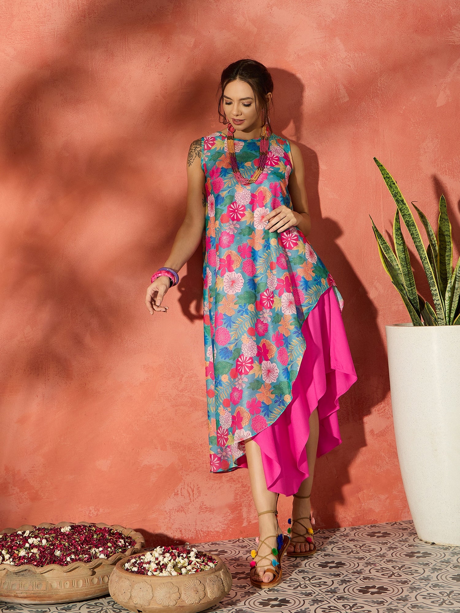 Blue Floral Fuchsia Asymmetrical Dress