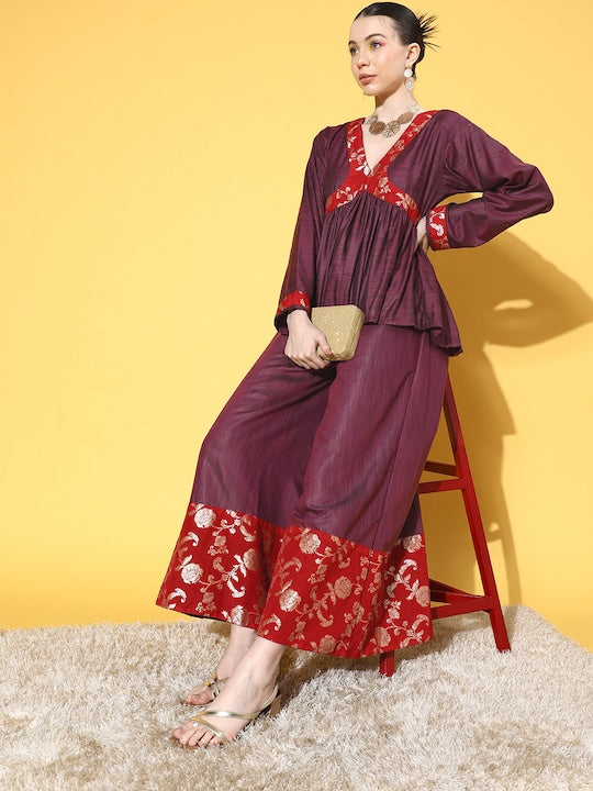 Wine Red Brocade Mughal Shaan Kurta Palazzo Set