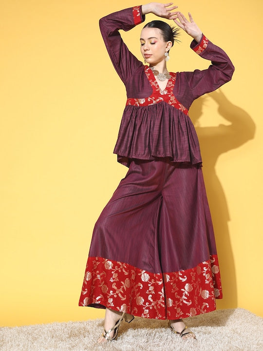 Wine Red Brocade Mughal Shaan Kurta Palazzo Set