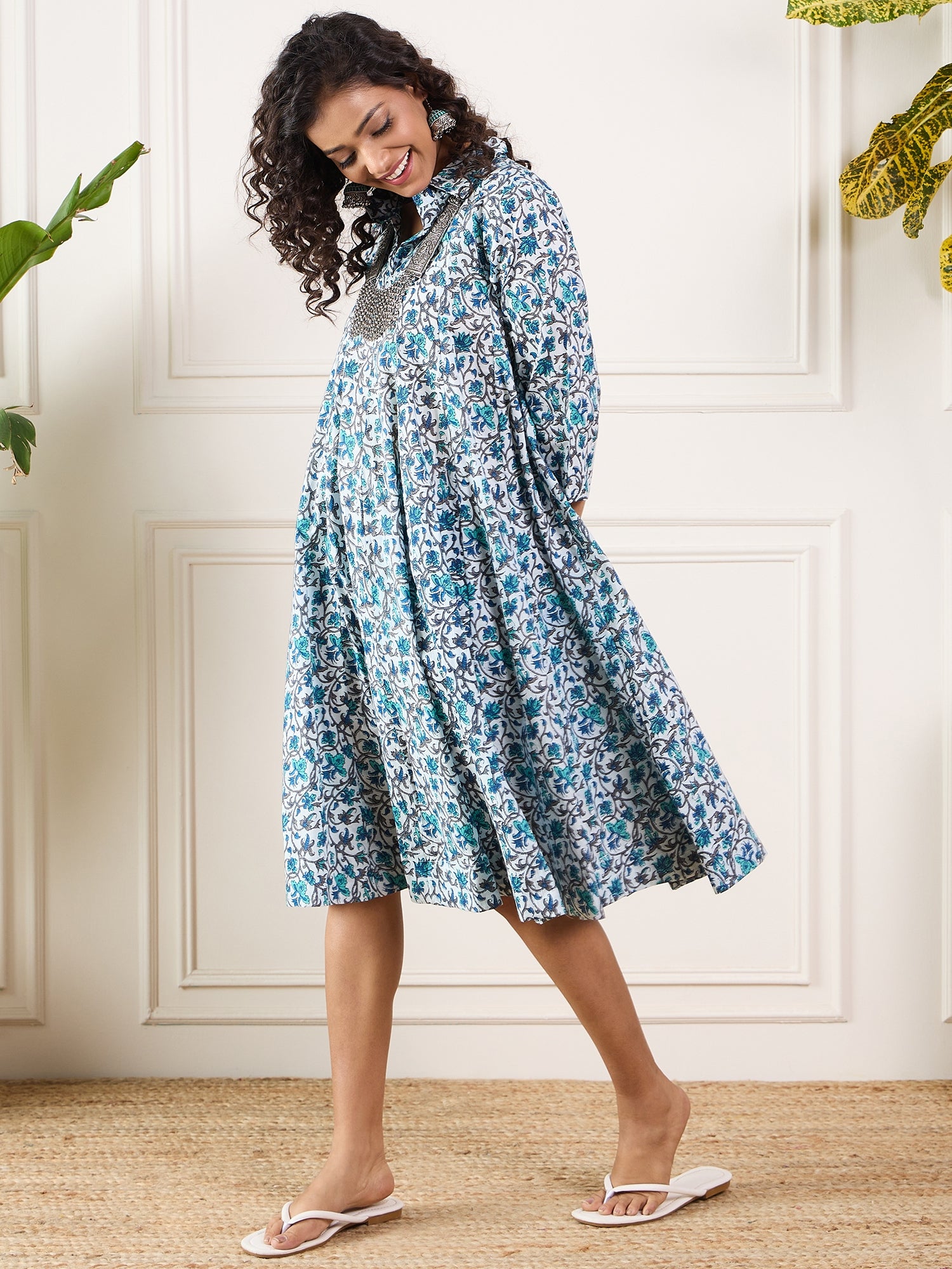 Aqua Blue Floral Grey Jaal Collar Flared Dress