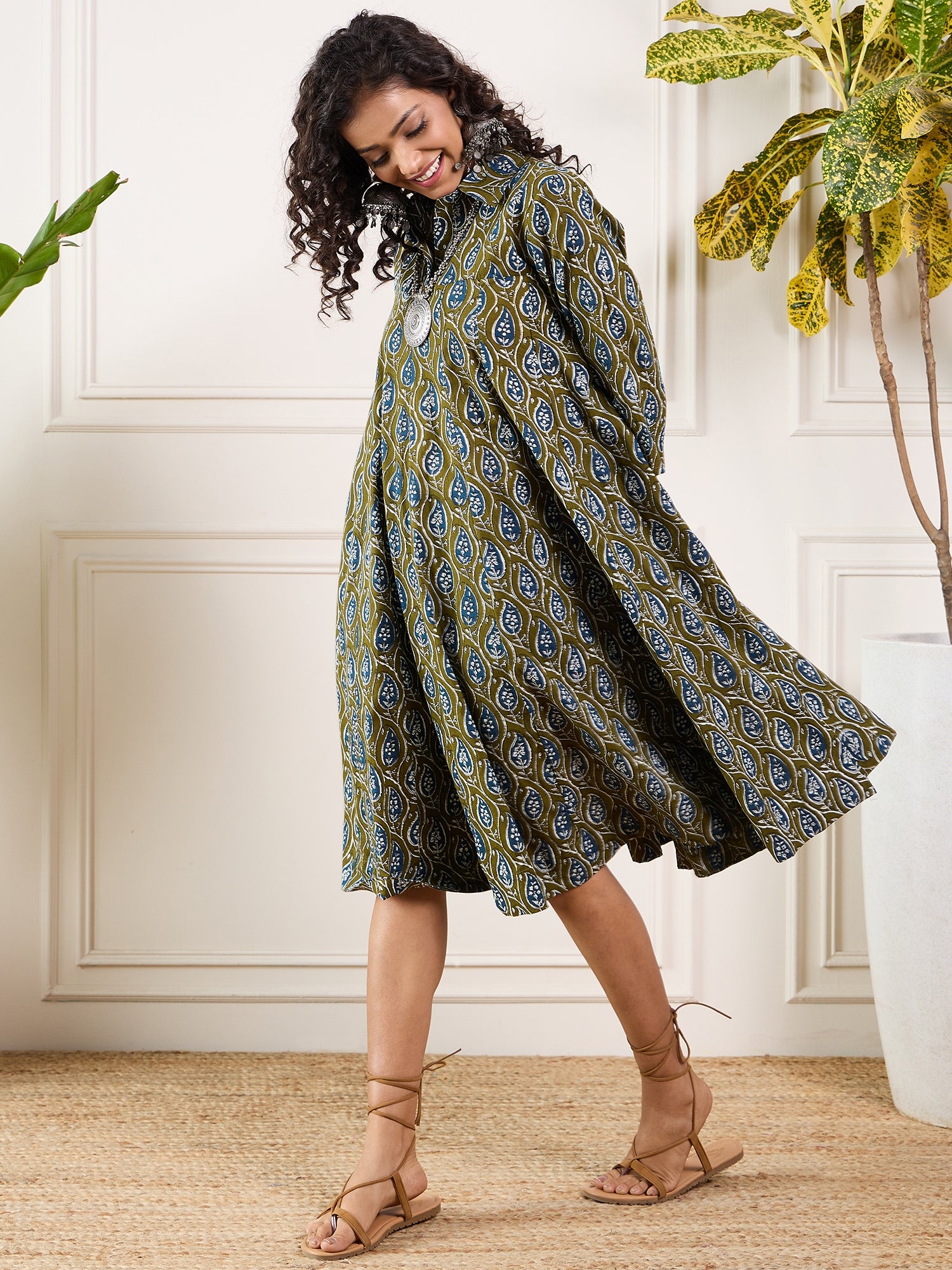 Olive Indigo Ajrak Leaves Collar Flared Dress