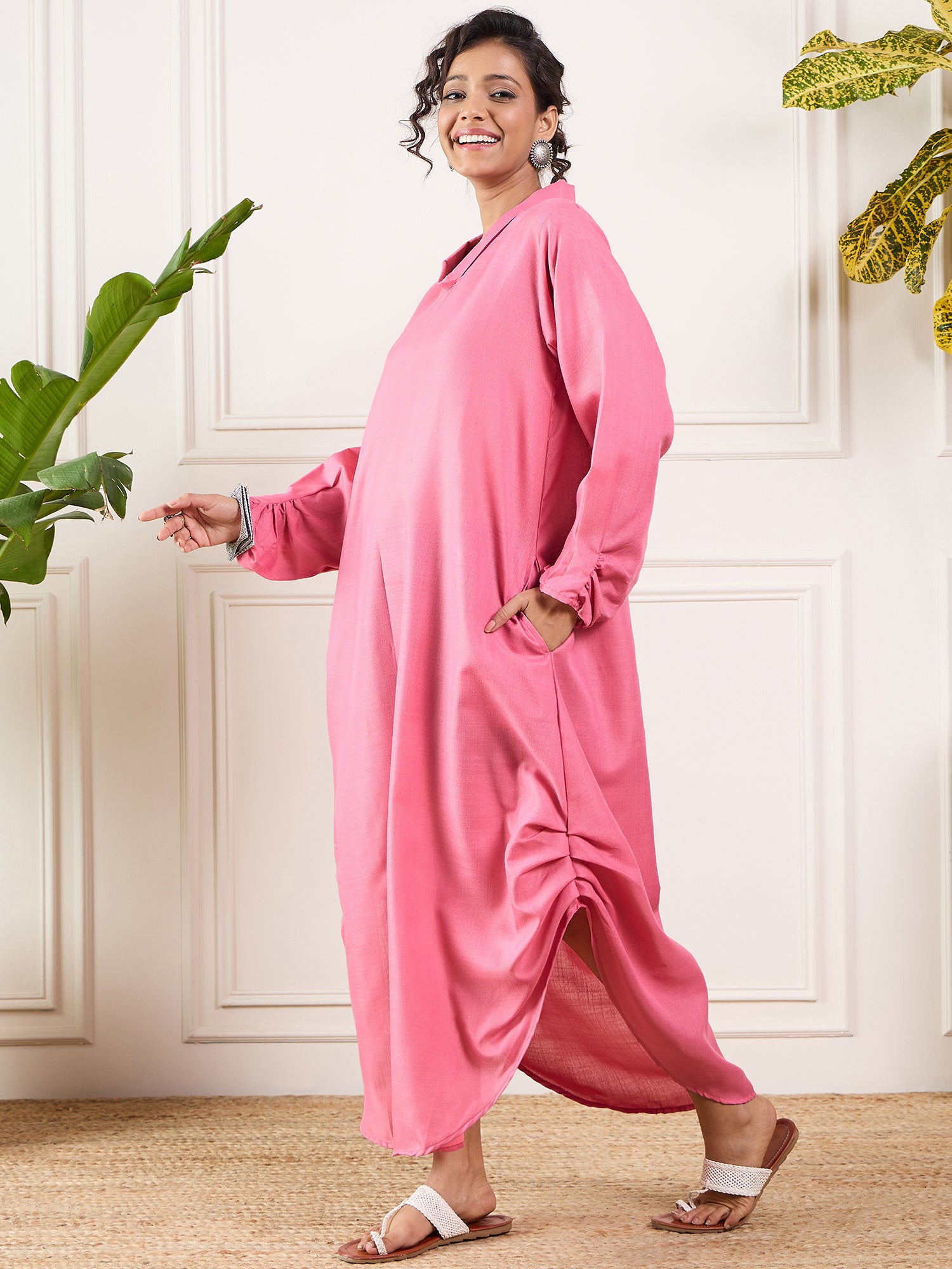 Bright Pink Shawl Neck Long Side Pleat Dress