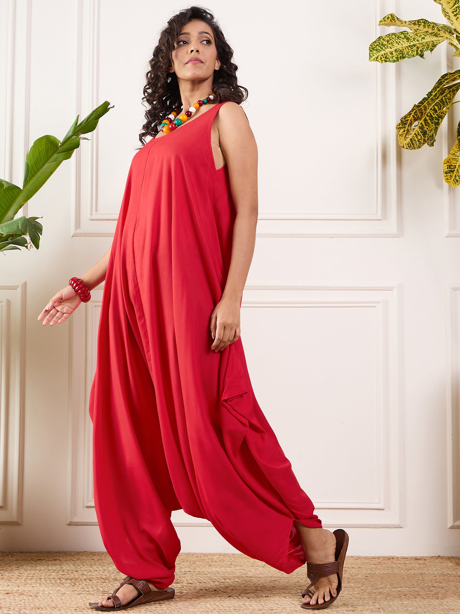 Red Round Sleeveless Jumpsuit