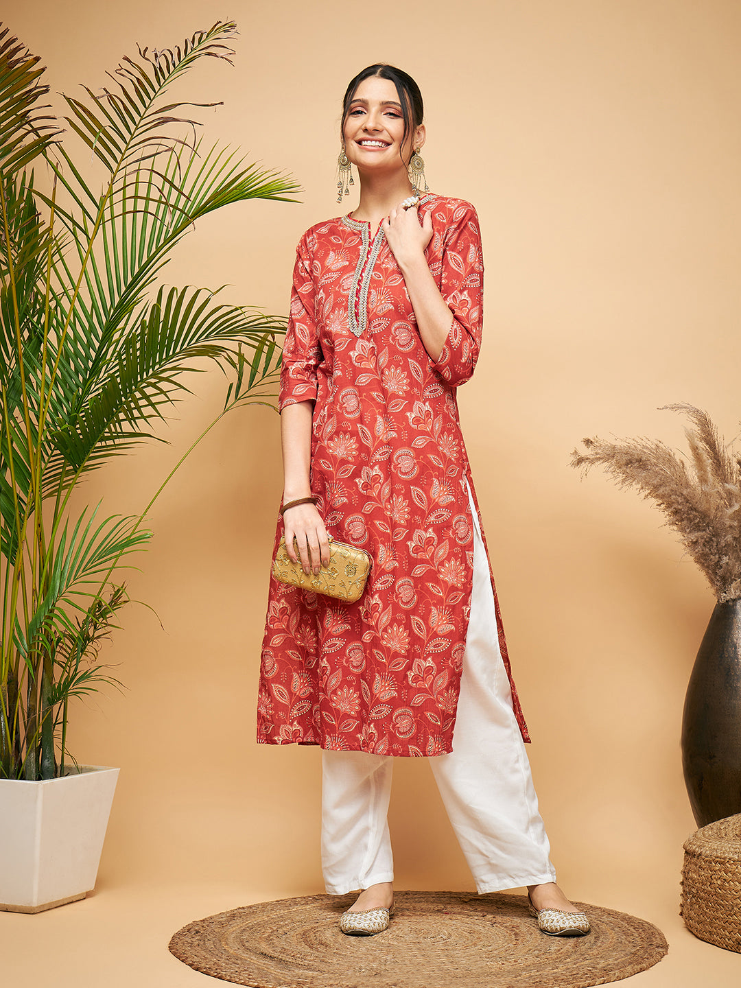 Rust Paisley Print Gota Straight Kurta Pant Set