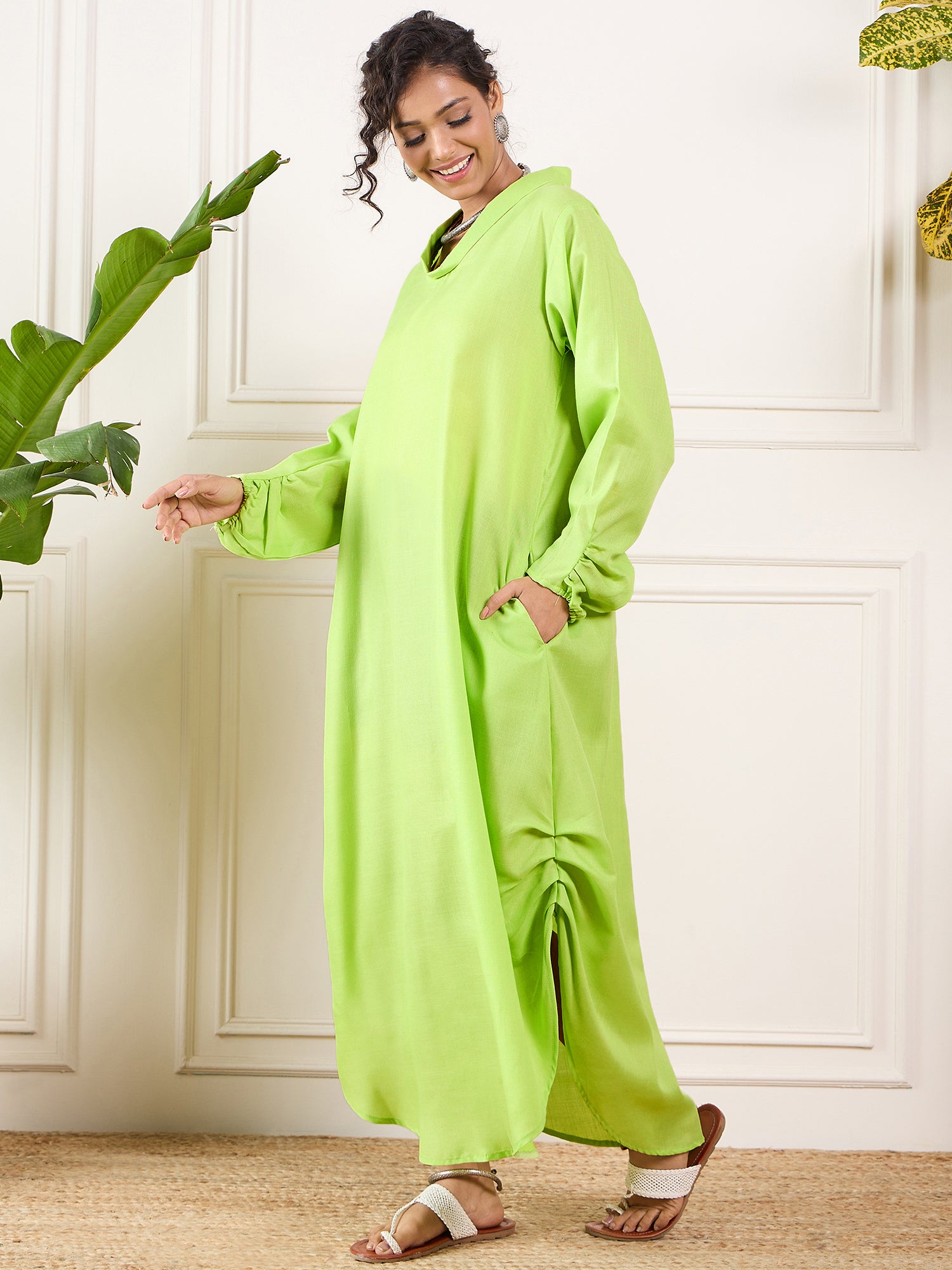 Neon Green Shawl Neck Long Side Pleat Dress