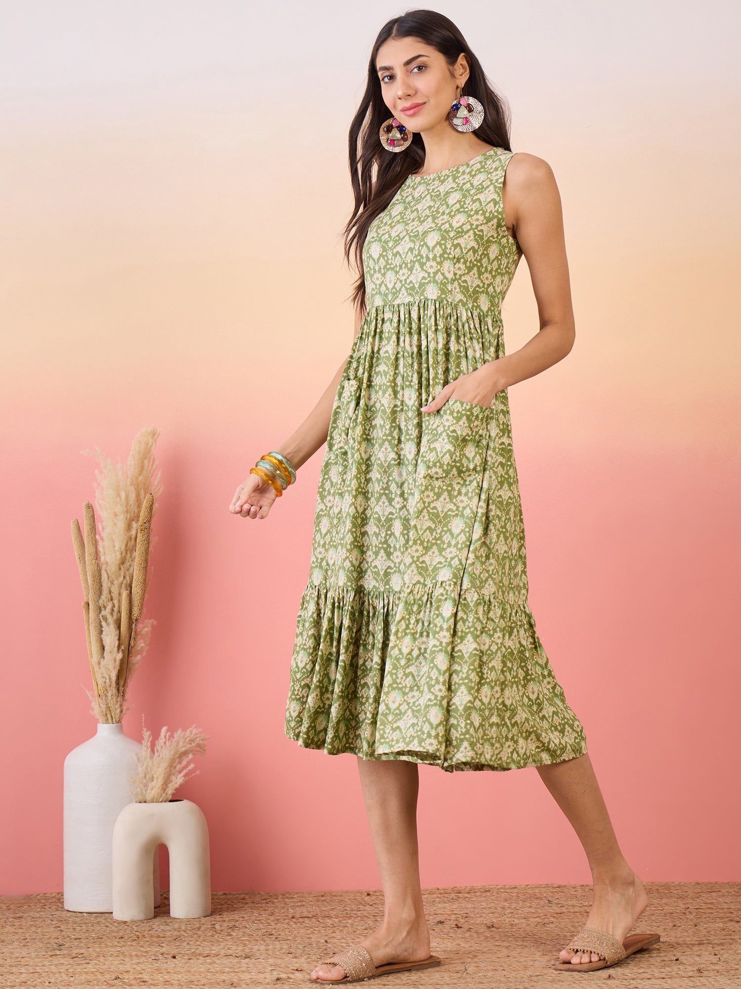 Apple Green Ikkat Print Foil Front Pocket Dress