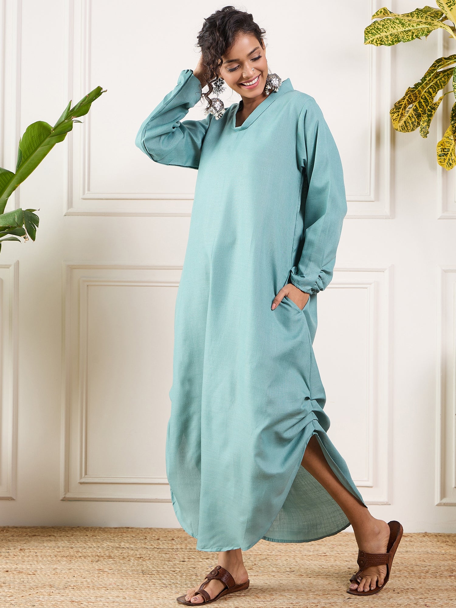 Dusty Teal Shawl Neck Long Side Pleat Dress