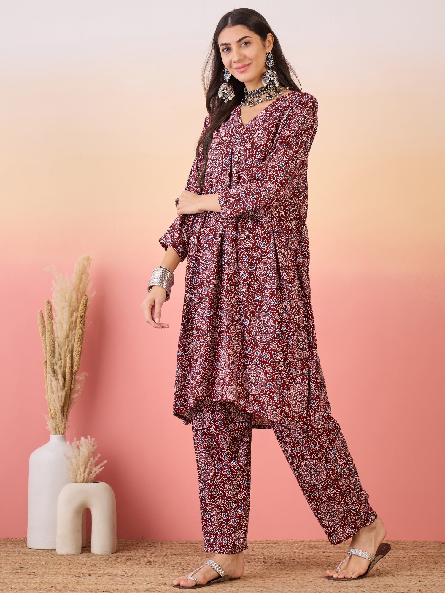 Maroon Navy Ajrakh Foil V Neck Kurta Pant Set