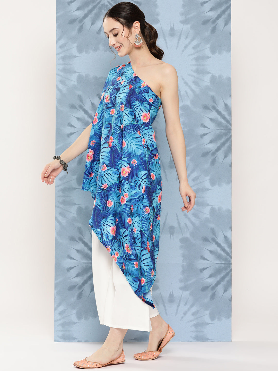 Blue Pink Japanese Art Oneshoulder Top