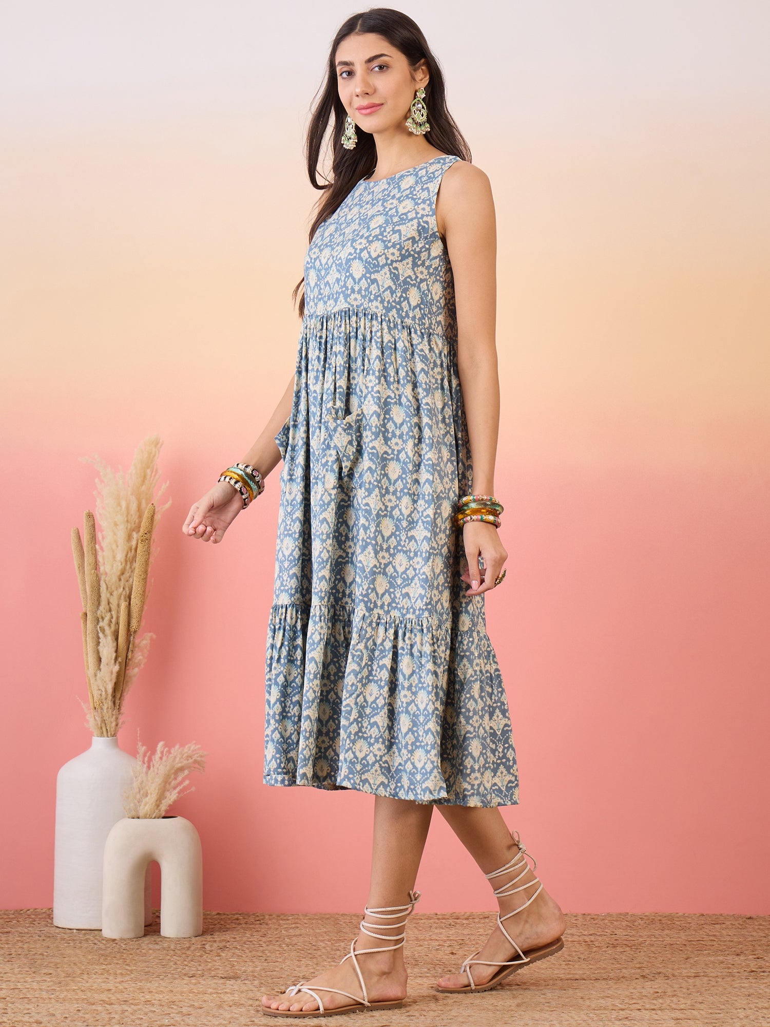 Powder Blue Ikkat Print Foil Front Pocket Dress